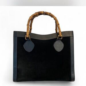 GUCCI Diana Black Suede & Leather Double Bamboo Handle Satchel